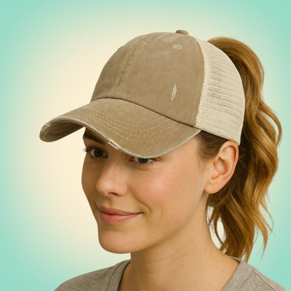 Distressed Cotton Ponytail Baseball Cap Beige Mesh Back Women’s Adjustable